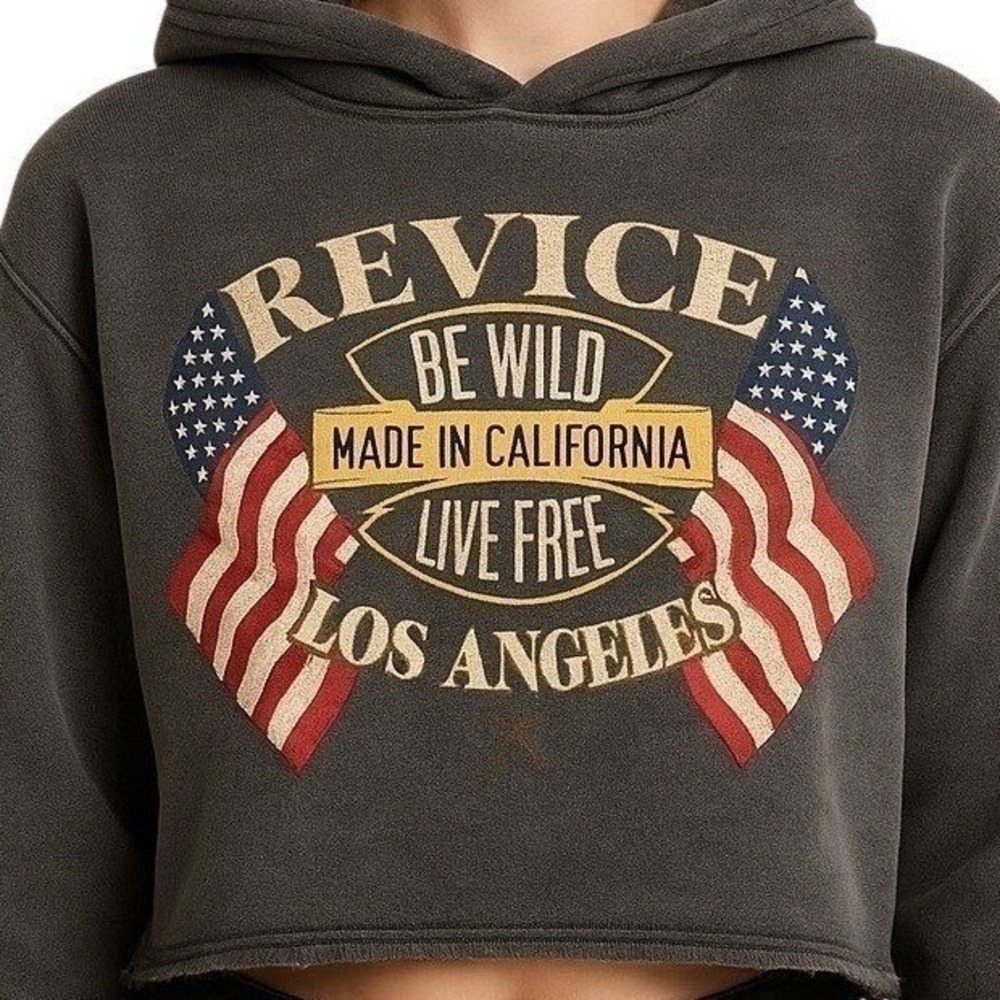 Revice‎ LA Cropped Hoodie M Gray Distressed American Flag Made in CA Americana